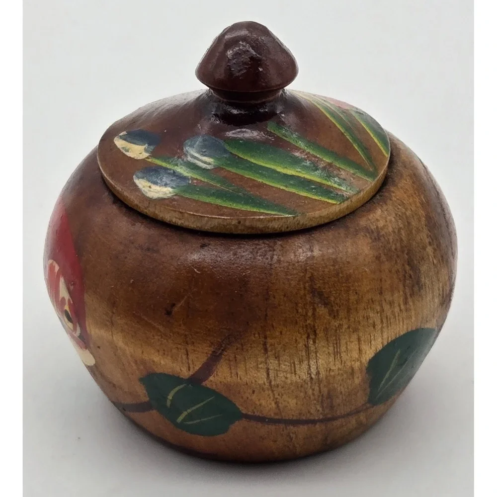 Hand Carved Wooden Trinket Jar Parrot Painted Colorful Lid Tropical Island Decor